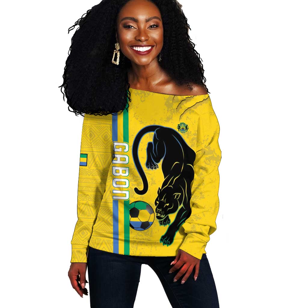 Custom Gabon Football Off Shoulder Sweater Go Champions - Yellow Ver LT15