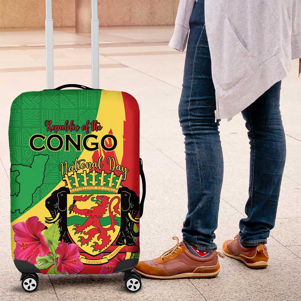 Personalized Congo Brazzaville National Day Luggage Cover Coat Of Arms Hibiscus Flower LT15
