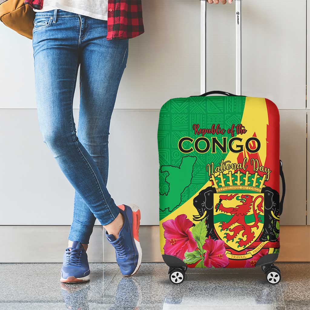 Personalized Congo Brazzaville National Day Luggage Cover Coat Of Arms Hibiscus Flower LT15