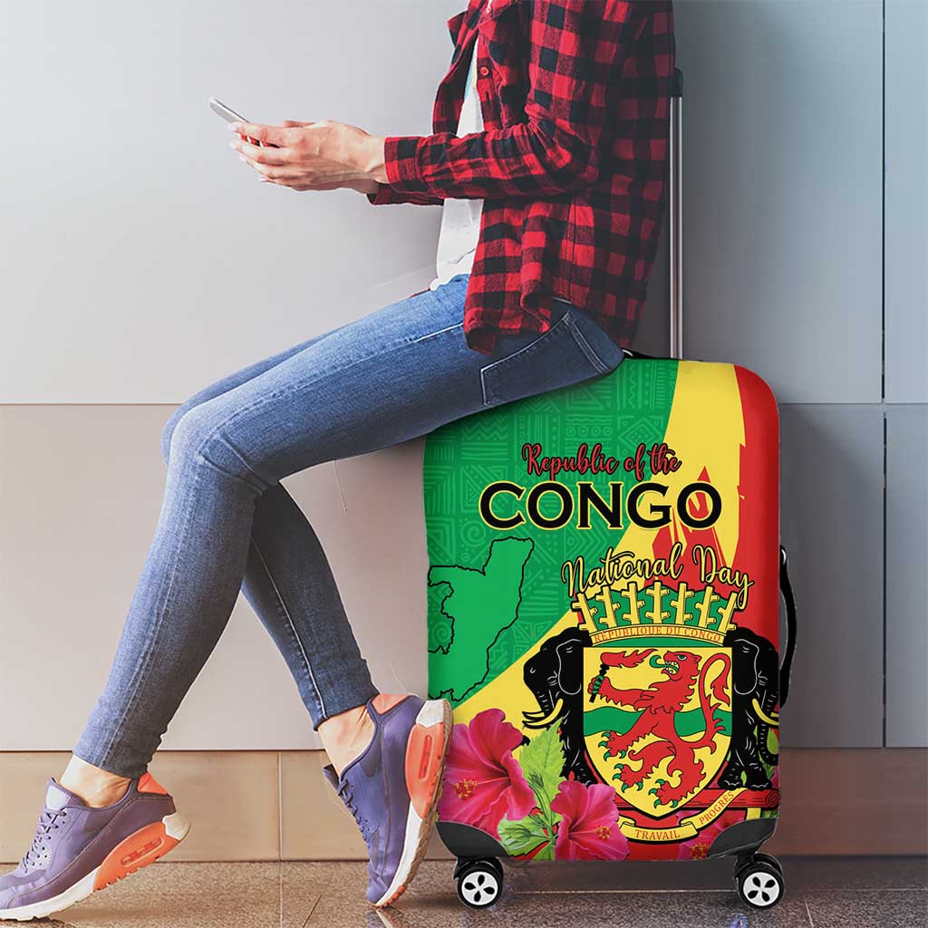 Personalized Congo Brazzaville National Day Luggage Cover Coat Of Arms Hibiscus Flower LT15