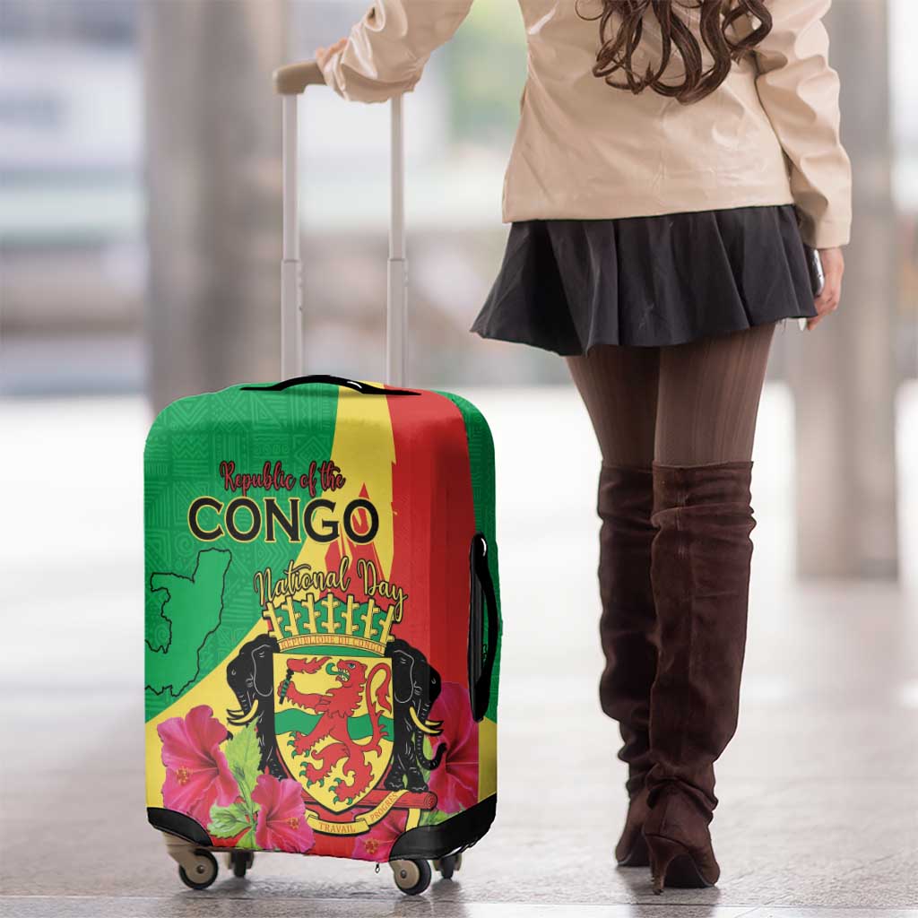 Personalized Congo Brazzaville National Day Luggage Cover Coat Of Arms Hibiscus Flower LT15