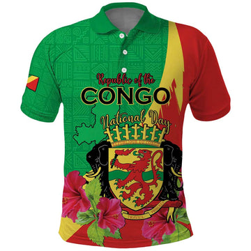 Personalized Congo Brazzaville National Day Polo Shirt Coat Of Arms Hibiscus Flower LT15