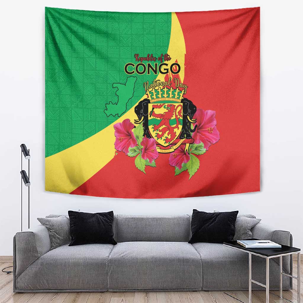 Personalized Congo-Brazzaville National Day Tapestry Coat Of Arms With Map LT15