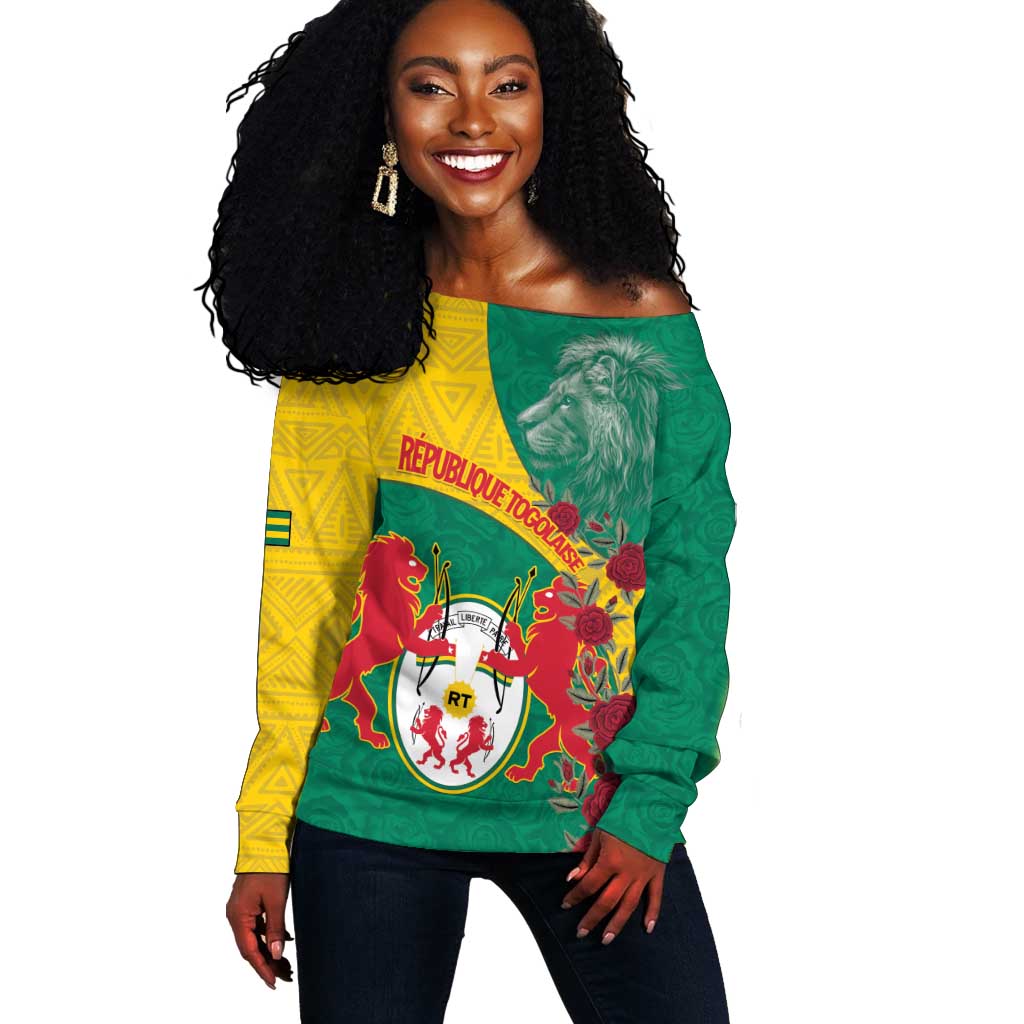 Personalised Togo Off Shoulder Sweater Coat Of Arms - African Mix Rose Pattern LT15