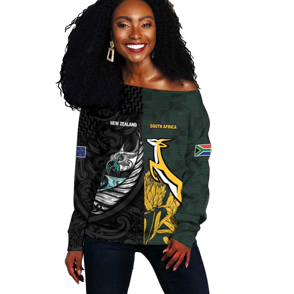 New Zealand vs South Africa Rugby Custom Off Shoulder Sweater Maori - African Pattern LT15