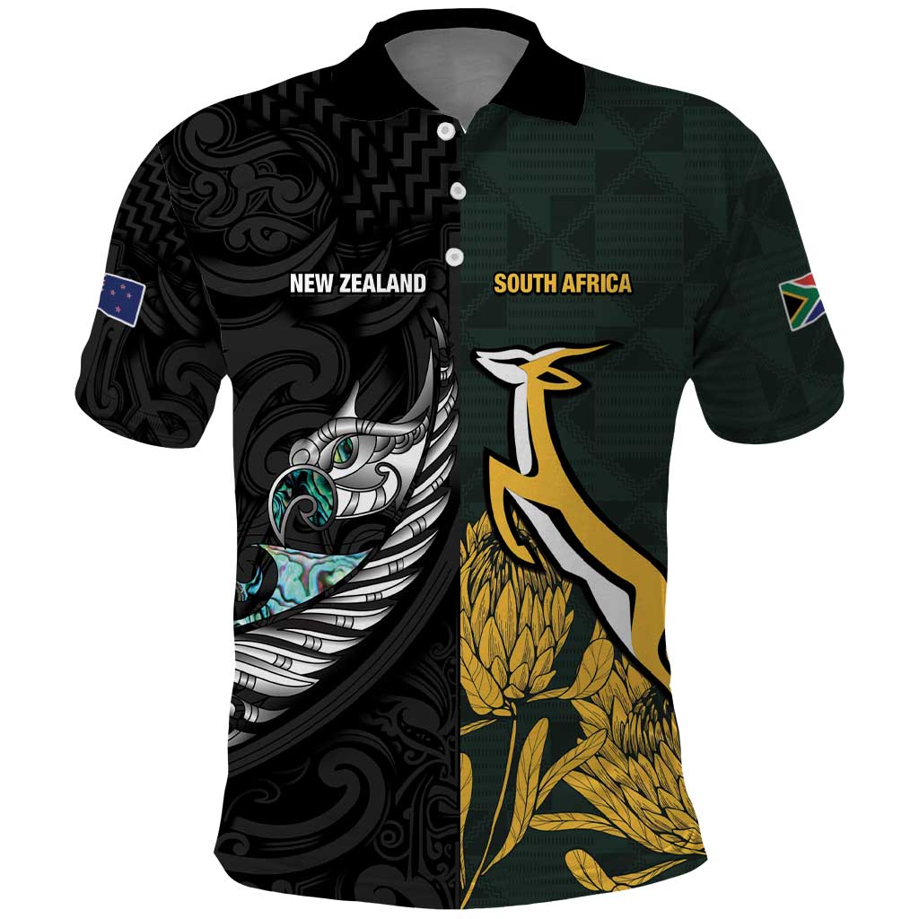New Zealand and South Africa Rugby Custom Polo Shirt Silver Fern With Springboks LT15