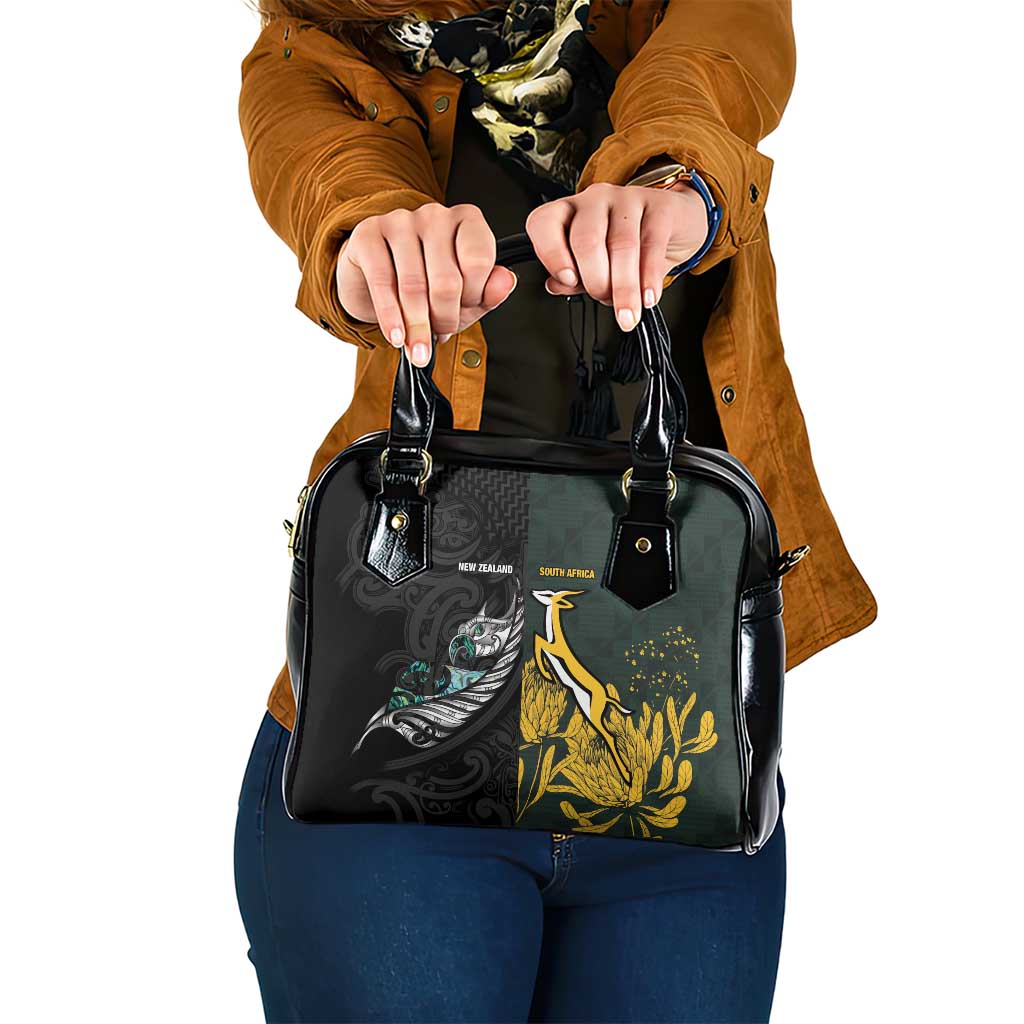 New Zealand and South Africa Rugby Shoulder Handbag Silver Fern With Springboks LT15