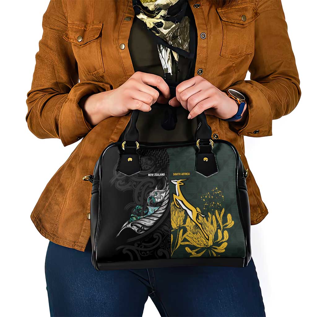 New Zealand and South Africa Rugby Shoulder Handbag Silver Fern With Springboks LT15