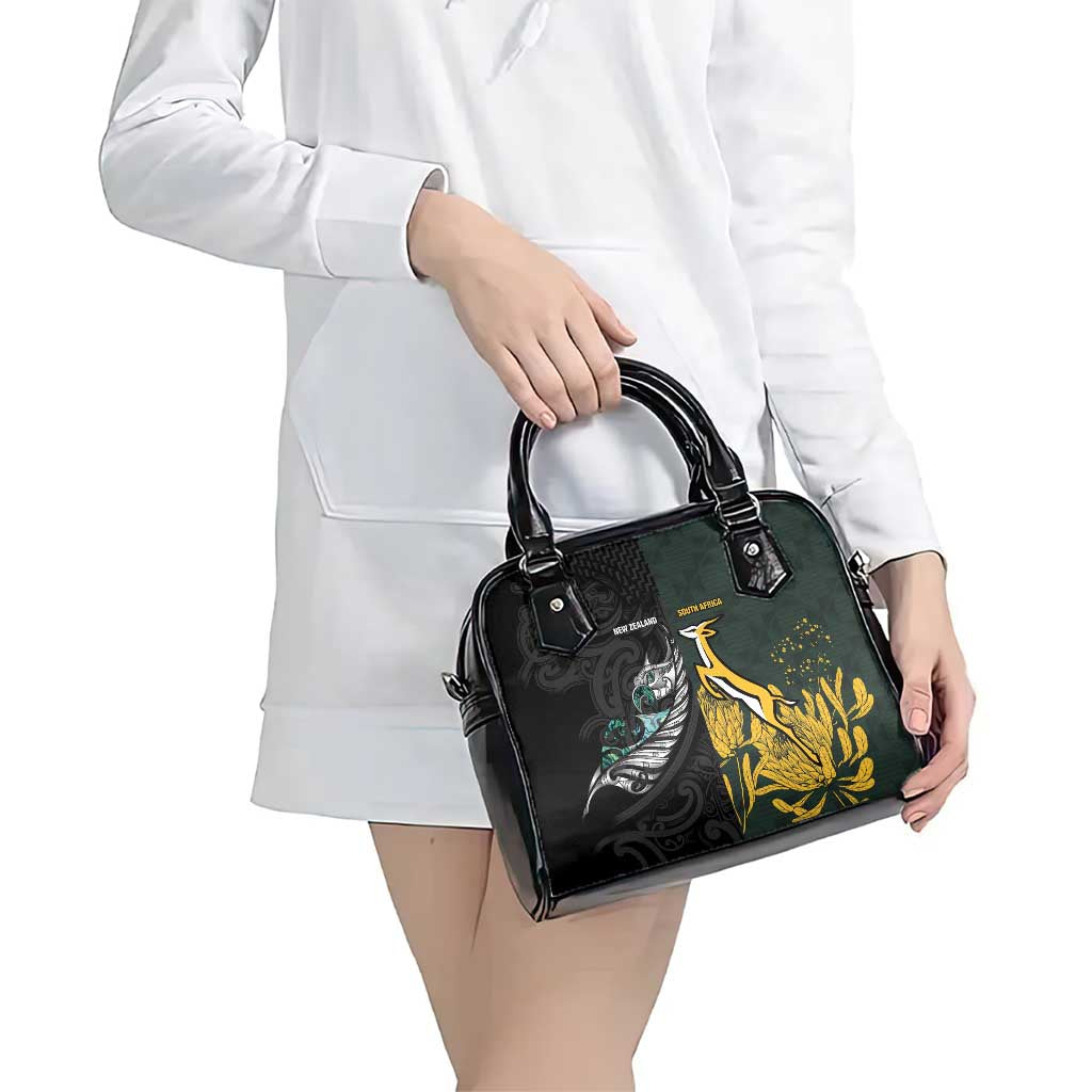 New Zealand and South Africa Rugby Shoulder Handbag Silver Fern With Springboks LT15