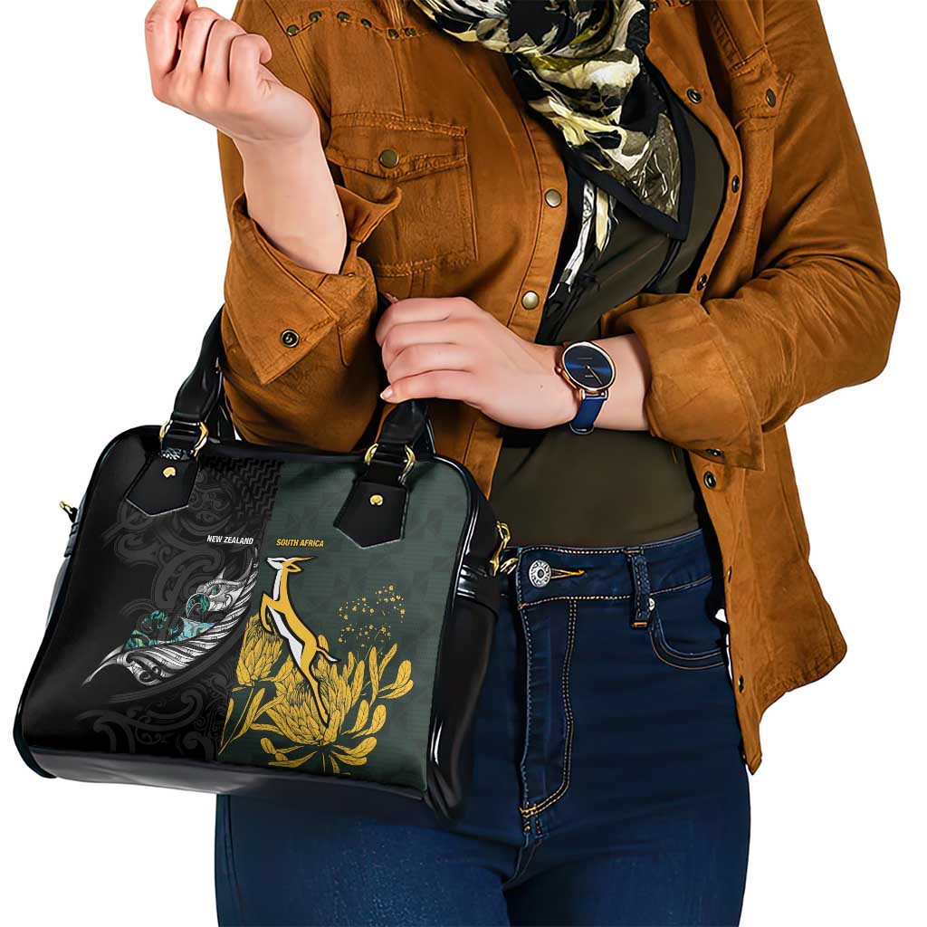 New Zealand and South Africa Rugby Shoulder Handbag Silver Fern With Springboks LT15