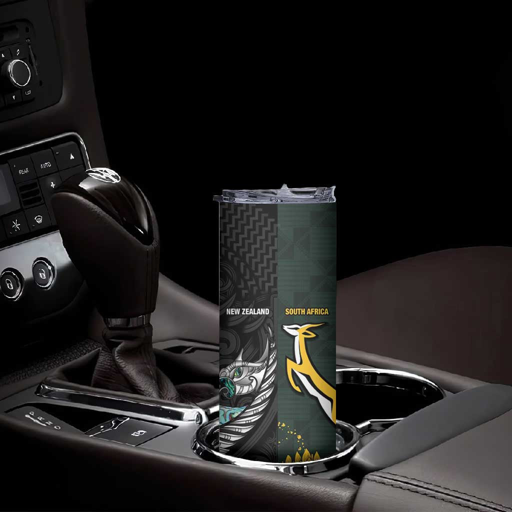 New Zealand vs South Africa Rugby Custom Skinny Tumbler Maori - African Pattern LT15