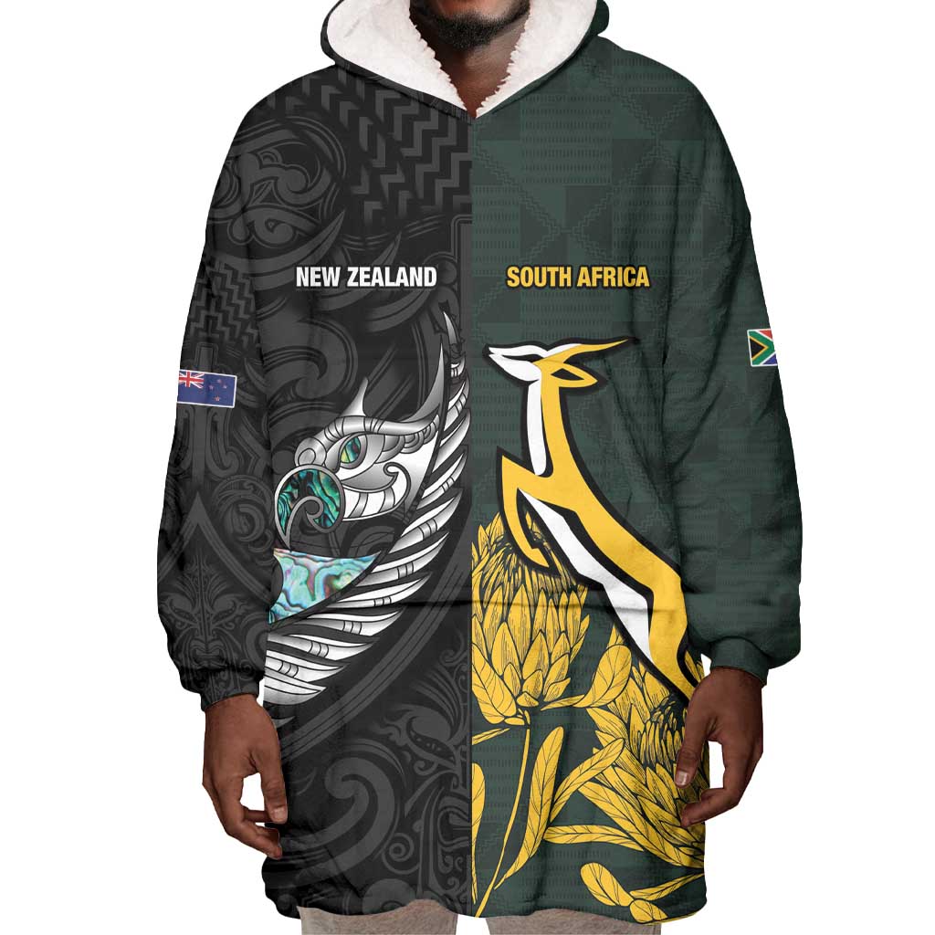 New Zealand vs South Africa Rugby Custom Wearable Blanket Hoodie Maori - African Pattern LT15