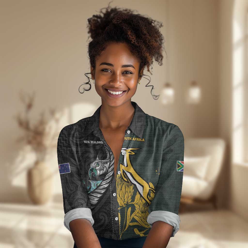 New Zealand vs South Africa Rugby Custom Women Casual Shirt Maori - African Pattern LT15