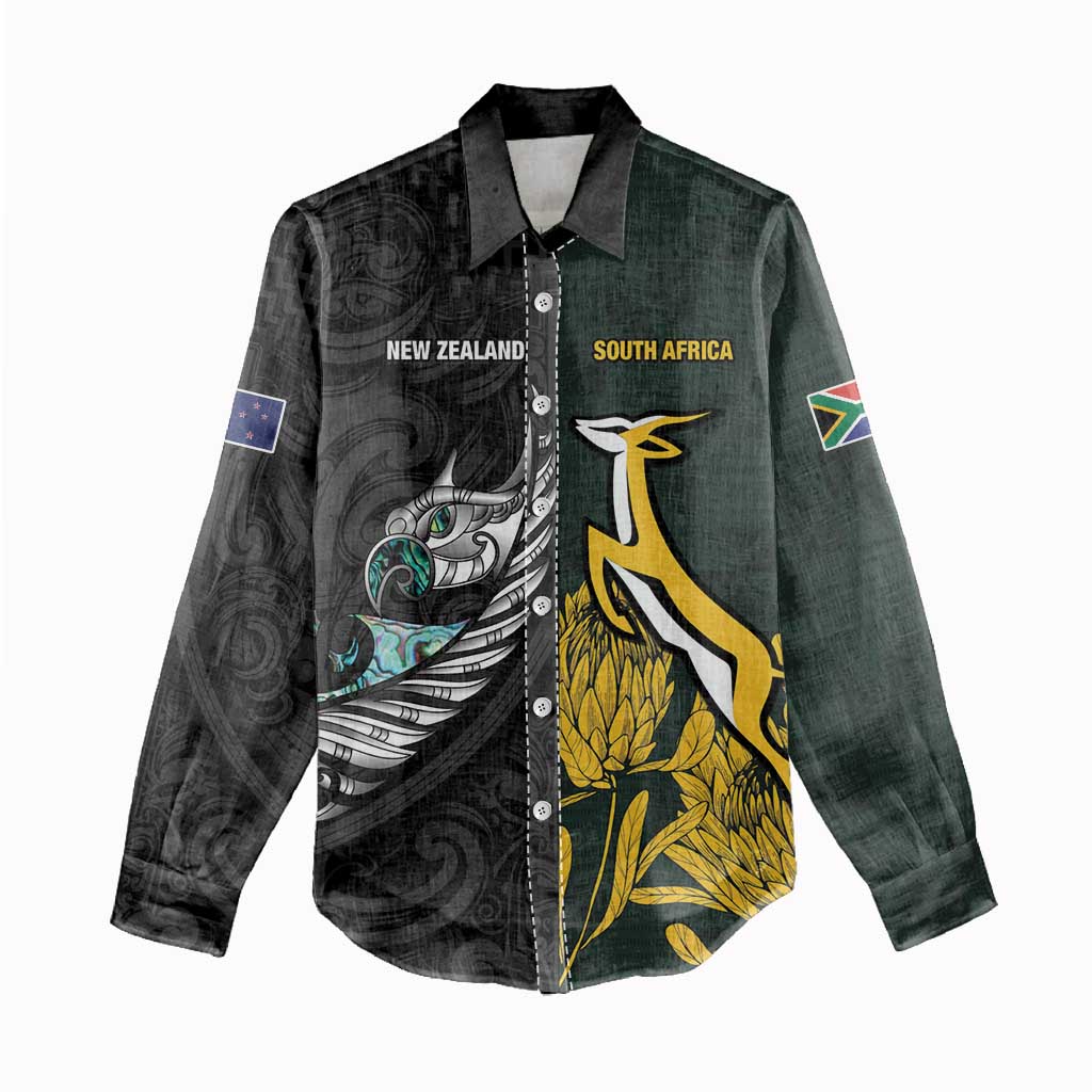 New Zealand vs South Africa Rugby Custom Women Casual Shirt Maori - African Pattern LT15