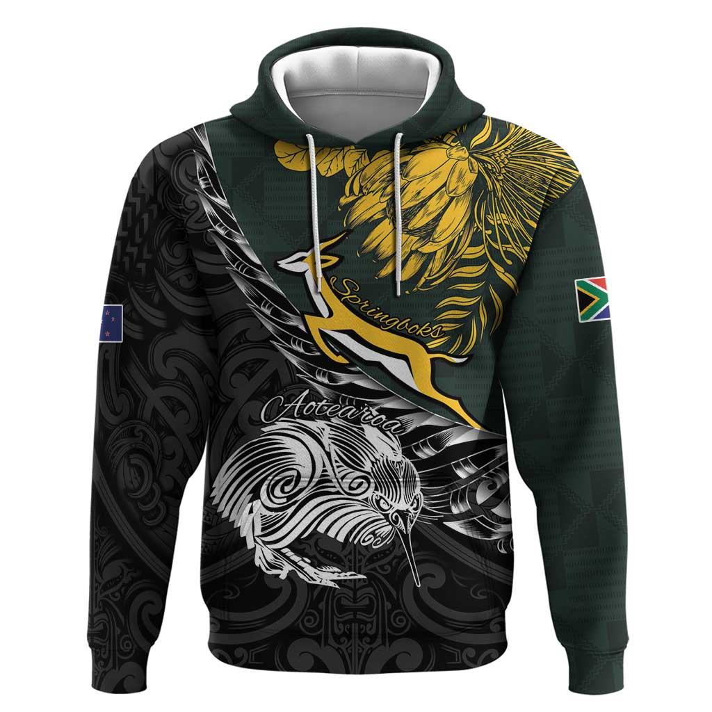 New Zealand and South Africa Rugby Personalised Hoodie Maori Kiwi With Springboks LT15
