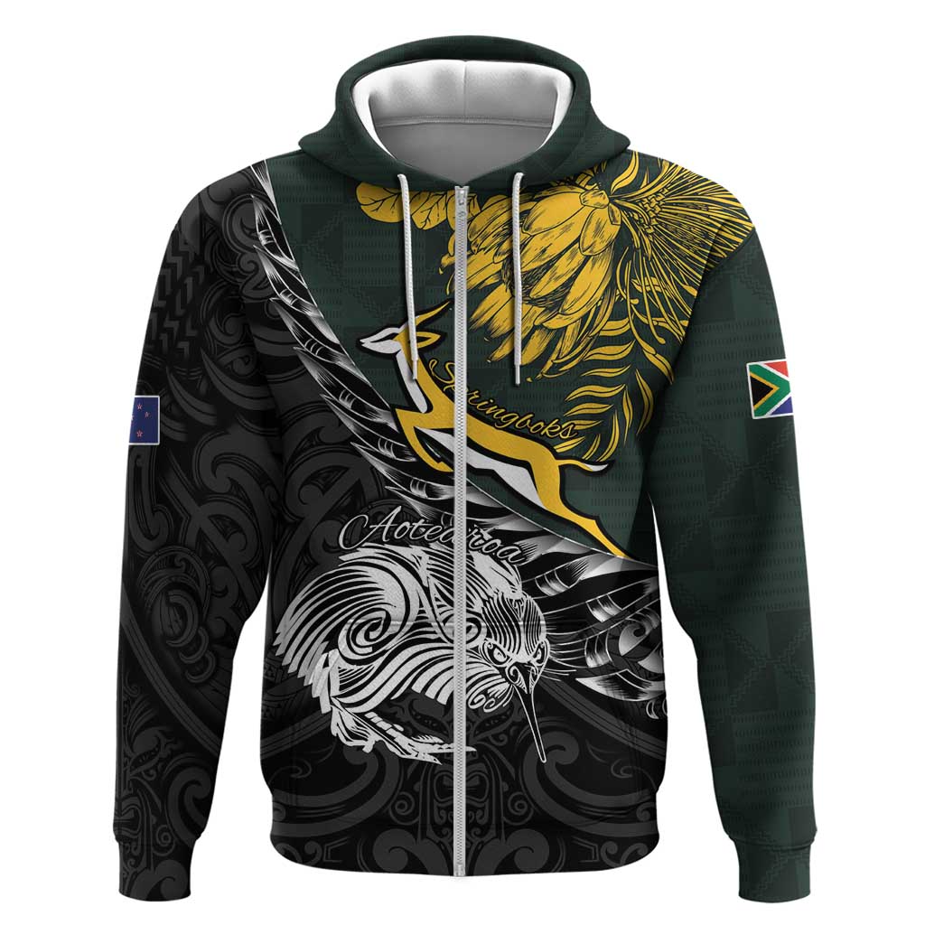 New Zealand and South Africa Rugby Personalised Hoodie Maori Kiwi With Springboks LT15