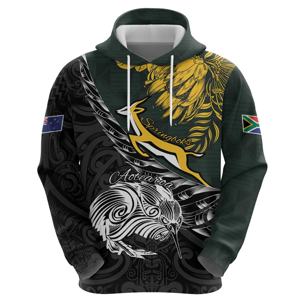 New Zealand and South Africa Rugby Personalised Hoodie Maori Kiwi With Springboks LT15