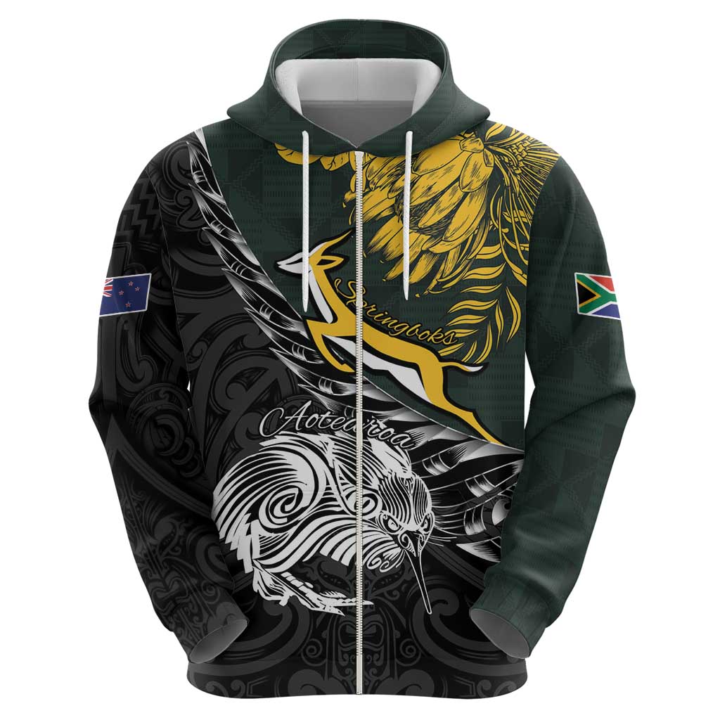 New Zealand and South Africa Rugby Personalised Hoodie Maori Kiwi With Springboks LT15