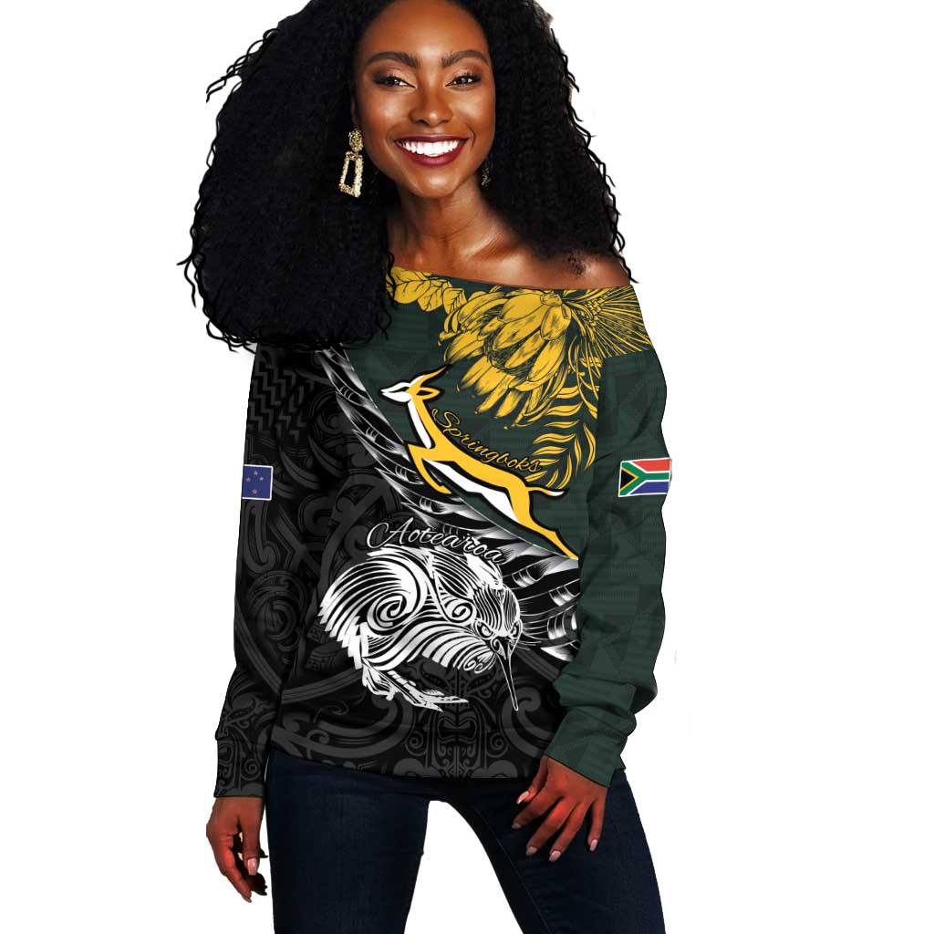 New Zealand vs South Africa Rugby Personalised Off Shoulder Sweater Maori Kiwi With Springboks LT15