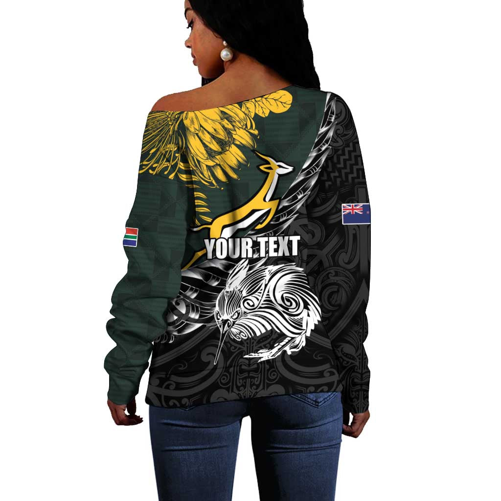 New Zealand vs South Africa Rugby Personalised Off Shoulder Sweater Maori Kiwi With Springboks LT15