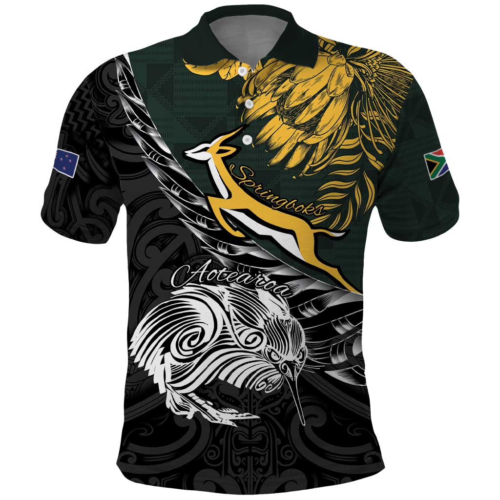 New Zealand and South Africa Rugby Personalised Polo Shirt Maori Kiwi With Springboks LT15
