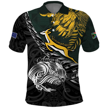 New Zealand and South Africa Rugby Personalised Polo Shirt Maori Kiwi With Springboks LT15