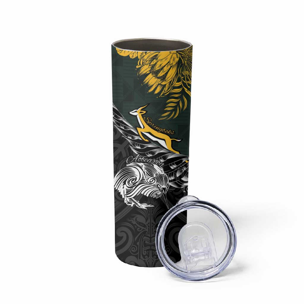 New Zealand vs South Africa Rugby Personalised Skinny Tumbler Maori Kiwi With Springboks LT15