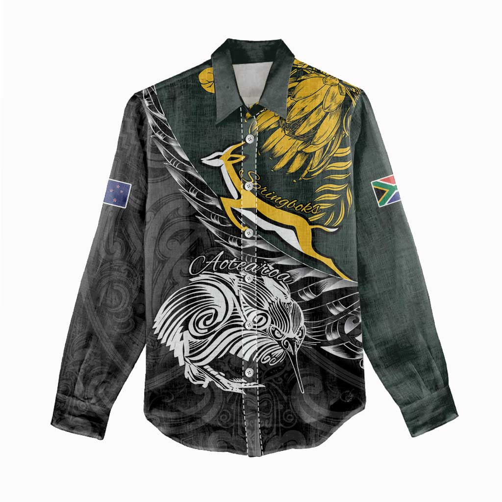 New Zealand vs South Africa Rugby Personalised Women Casual Shirt Maori Kiwi With Springboks LT15