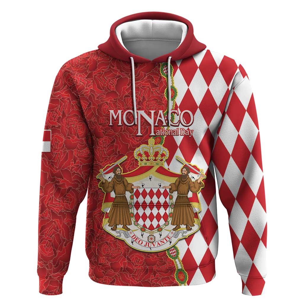 Monaco National Day Hoodie Coat Of Arms Mix Red Carnation Pattern LT15