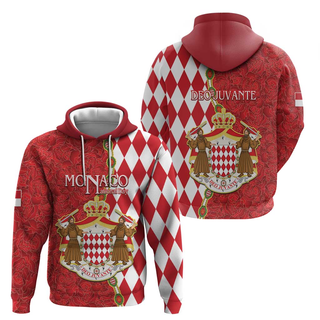 Monaco National Day Hoodie Coat Of Arms Mix Red Carnation Pattern LT15