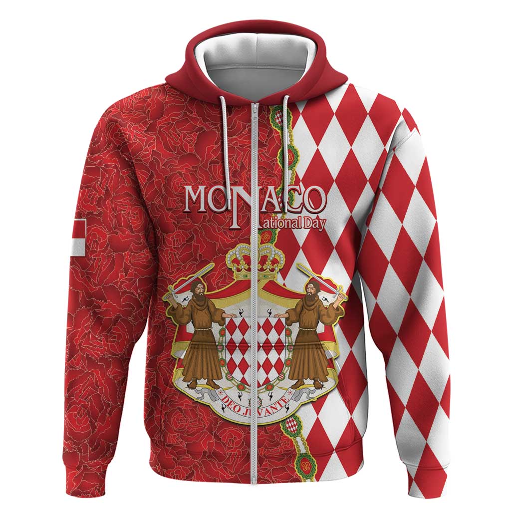 Monaco National Day Hoodie Coat Of Arms Mix Red Carnation Pattern LT15
