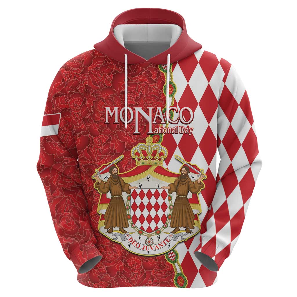 Monaco National Day Hoodie Coat Of Arms Mix Red Carnation Pattern LT15