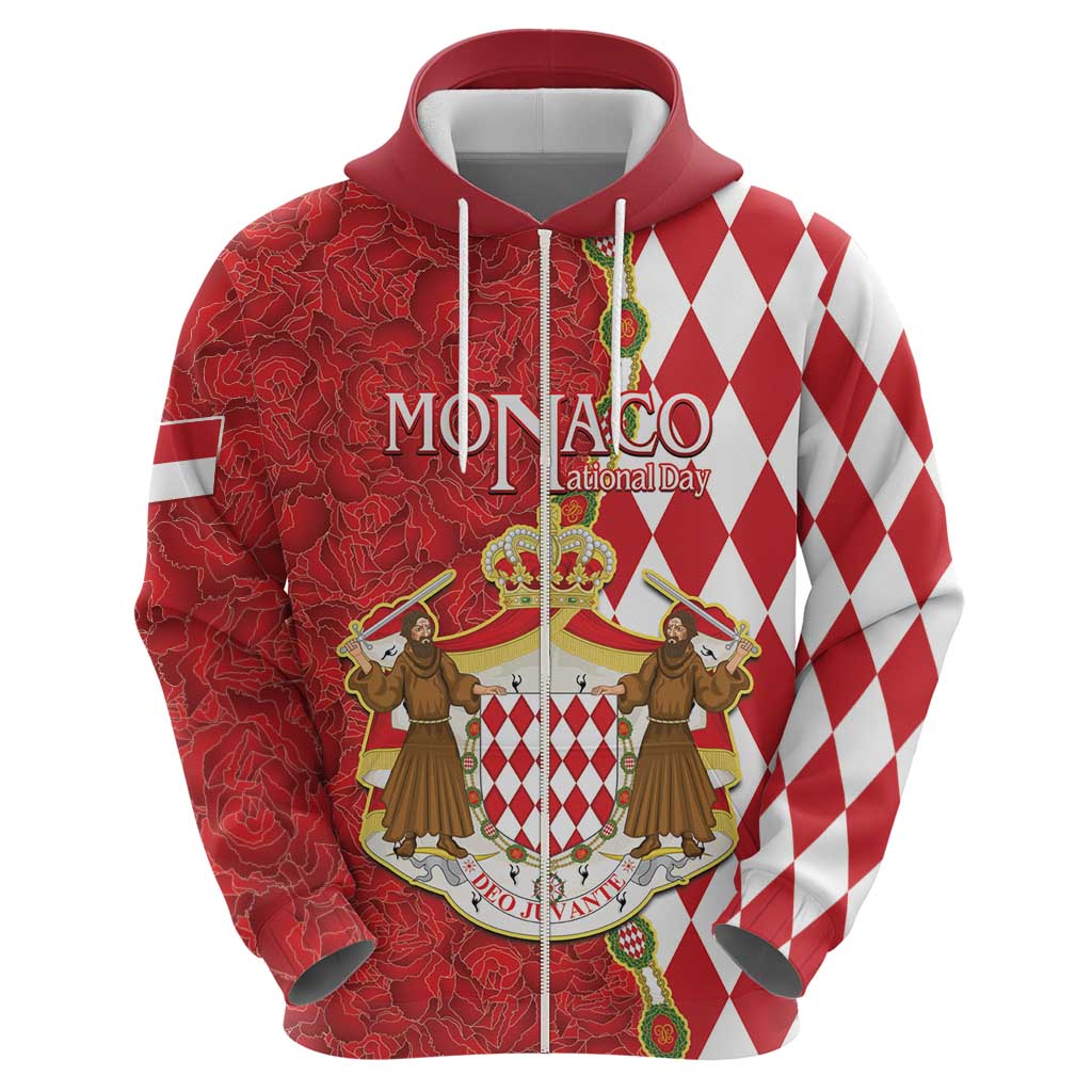 Monaco National Day Hoodie Coat Of Arms Mix Red Carnation Pattern LT15