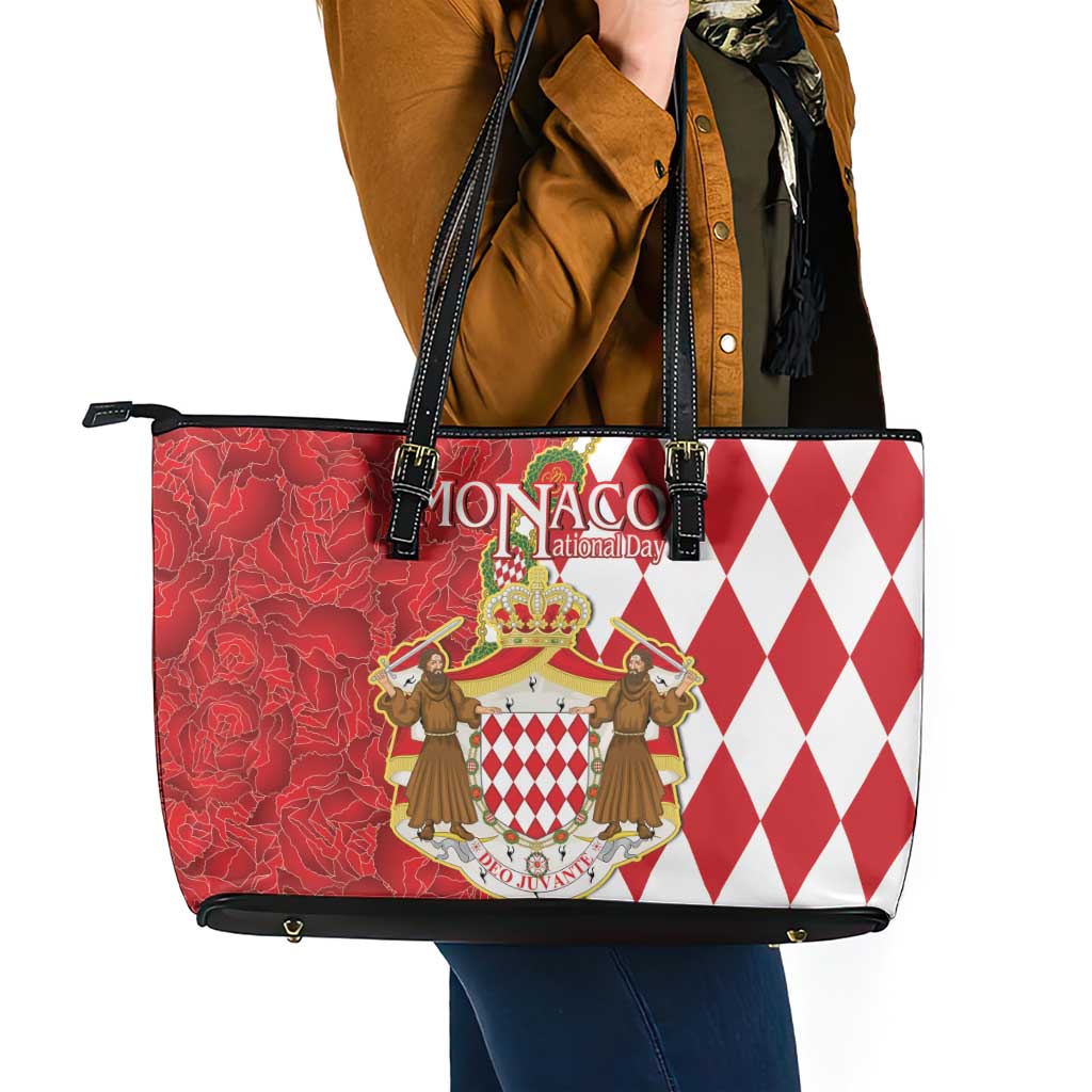 Monaco National Day Leather Tote Bag Coat Of Arms Mix Red Carnation Pattern LT15