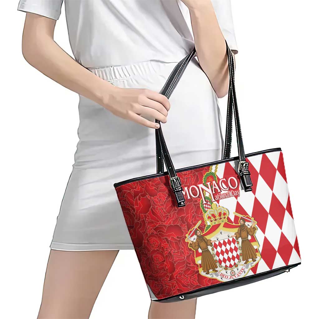 Monaco National Day Leather Tote Bag Coat Of Arms Mix Red Carnation Pattern LT15
