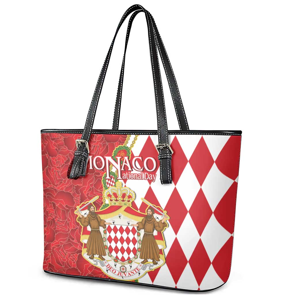 Monaco National Day Leather Tote Bag Coat Of Arms Mix Red Carnation Pattern LT15