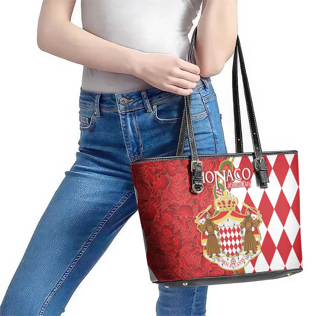 Monaco National Day Leather Tote Bag Coat Of Arms Mix Red Carnation Pattern LT15