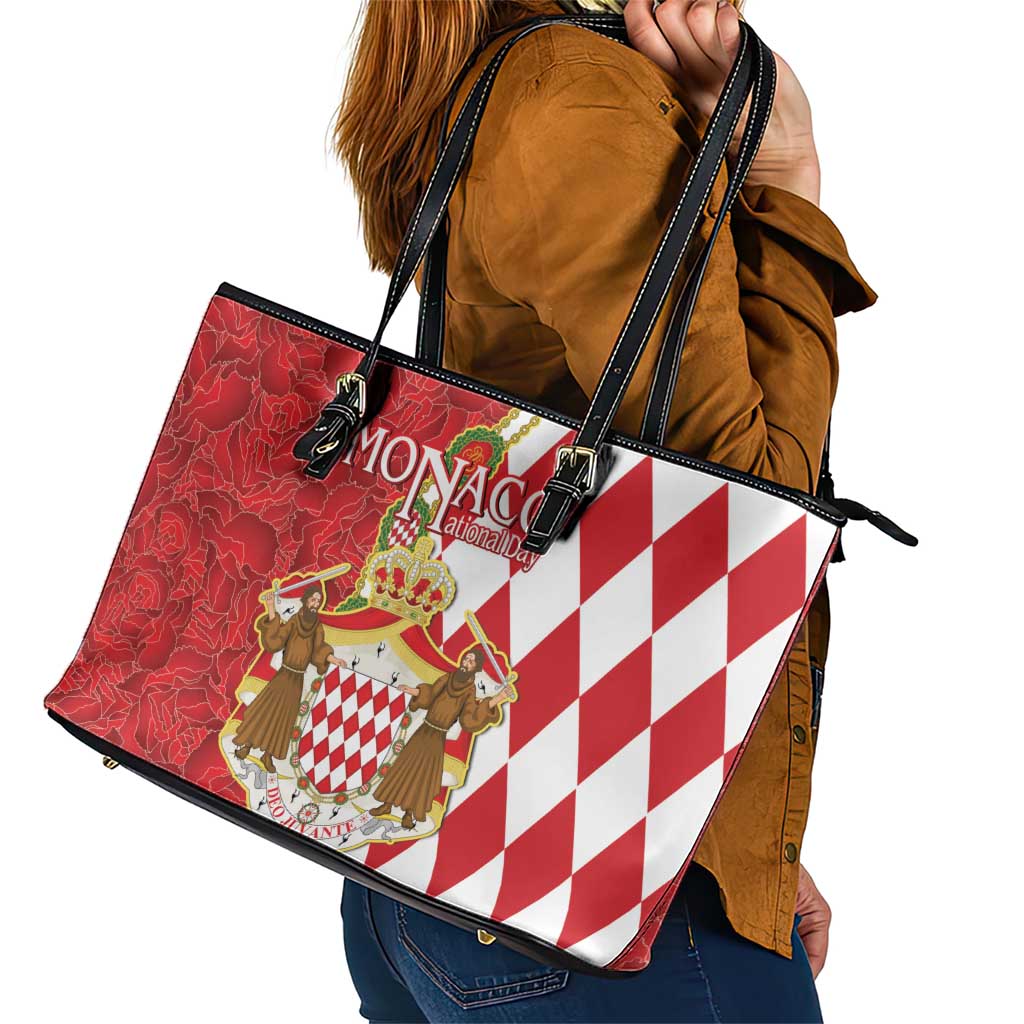 Monaco National Day Leather Tote Bag Coat Of Arms Mix Red Carnation Pattern LT15