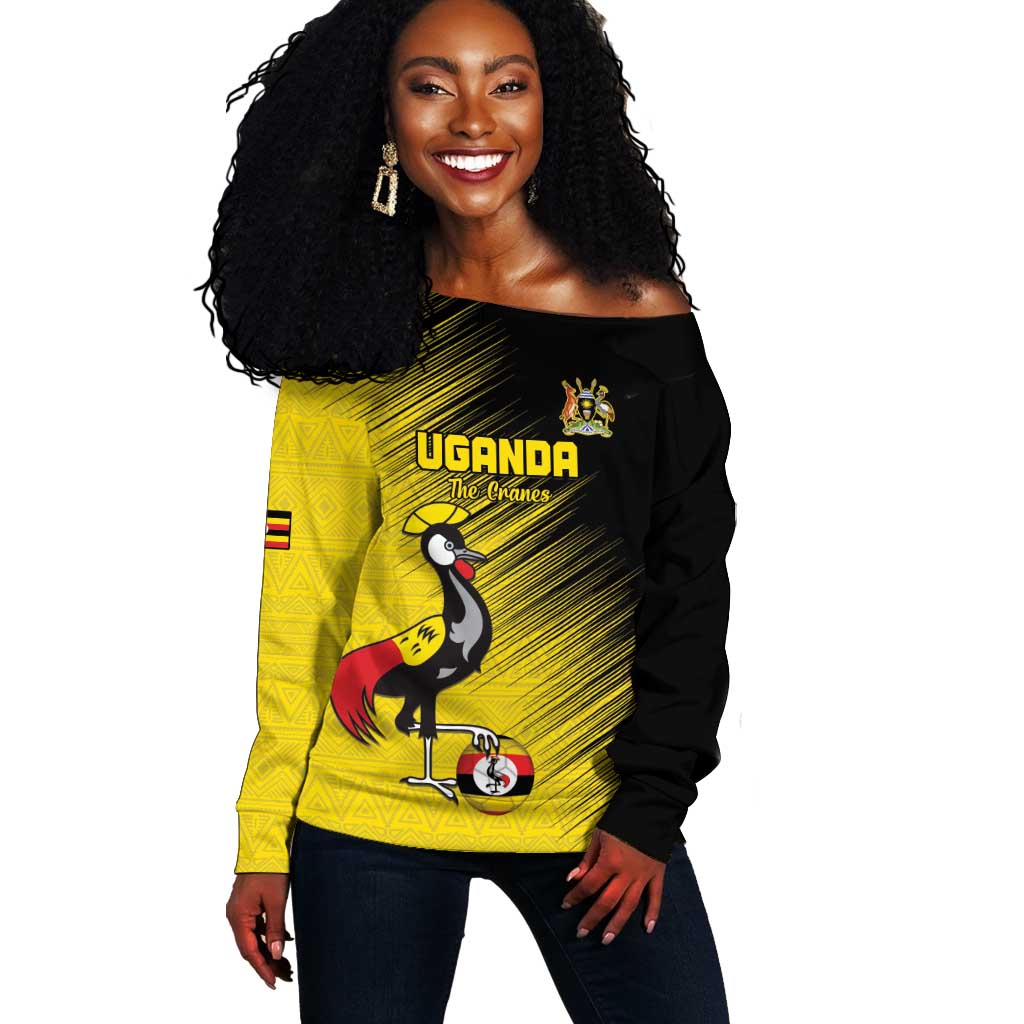 Uganda Football Custom Off Shoulder Sweater African Pattern Mix Grunge Style - Yellow Color LT15