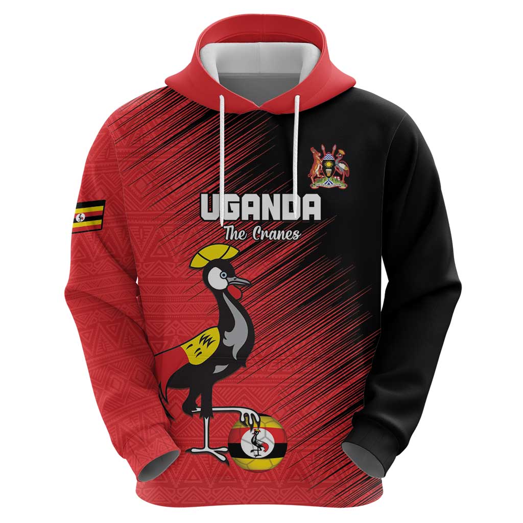 Custom Uganda Football Hoodie Black Crowned Crane Mix Grunge Style - Red Color LT15