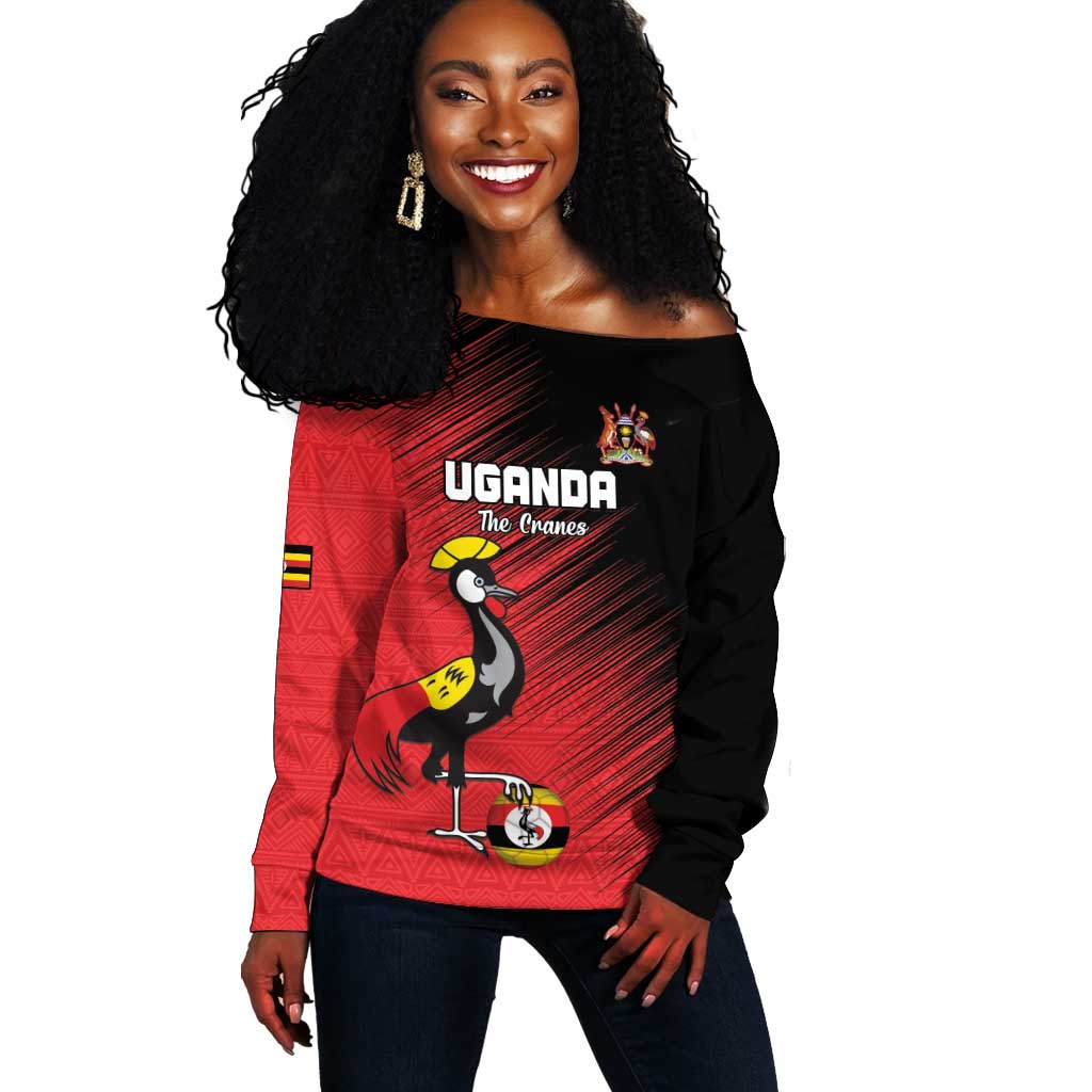 Uganda Football Custom Off Shoulder Sweater African Pattern Mix Grunge Style - Red Color LT15