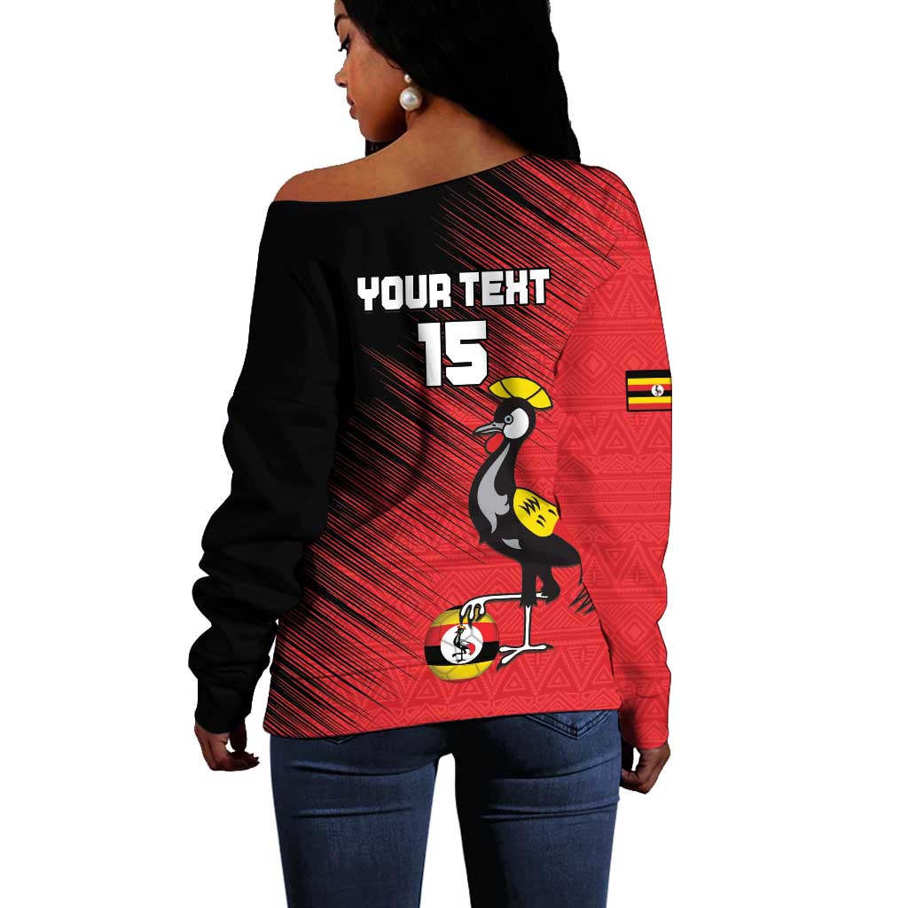 Uganda Football Custom Off Shoulder Sweater African Pattern Mix Grunge Style - Red Color LT15