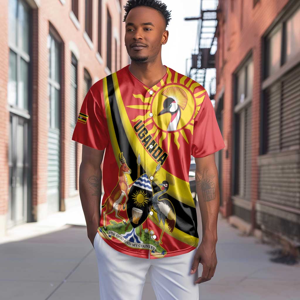 Personalised Afro Uganda Baseball Jersey Black Crowned Crane With Coat Of Arms LT15