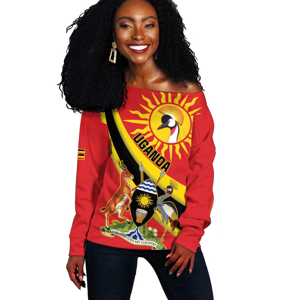 Personalised Afro Uganda Off Shoulder Sweater Black Crowned Crane With Coat Of Arms LT15