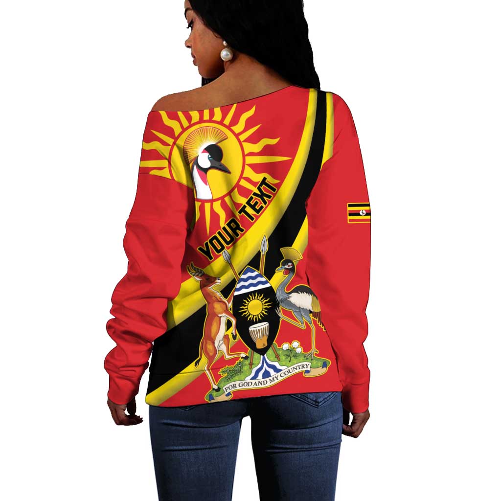 Personalised Afro Uganda Off Shoulder Sweater Black Crowned Crane With Coat Of Arms LT15