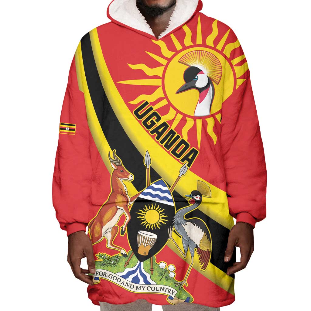 Personalised Afro Uganda Wearable Blanket Hoodie Black Crowned Crane With Coat Of Arms LT15