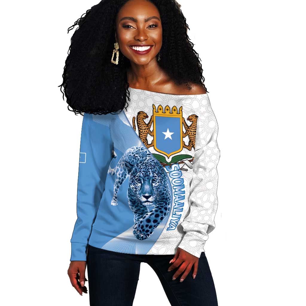 Coat of arms of Soomaaliya Off Shoulder Sweater Leopard Skin mix Islamic Pattern LT15