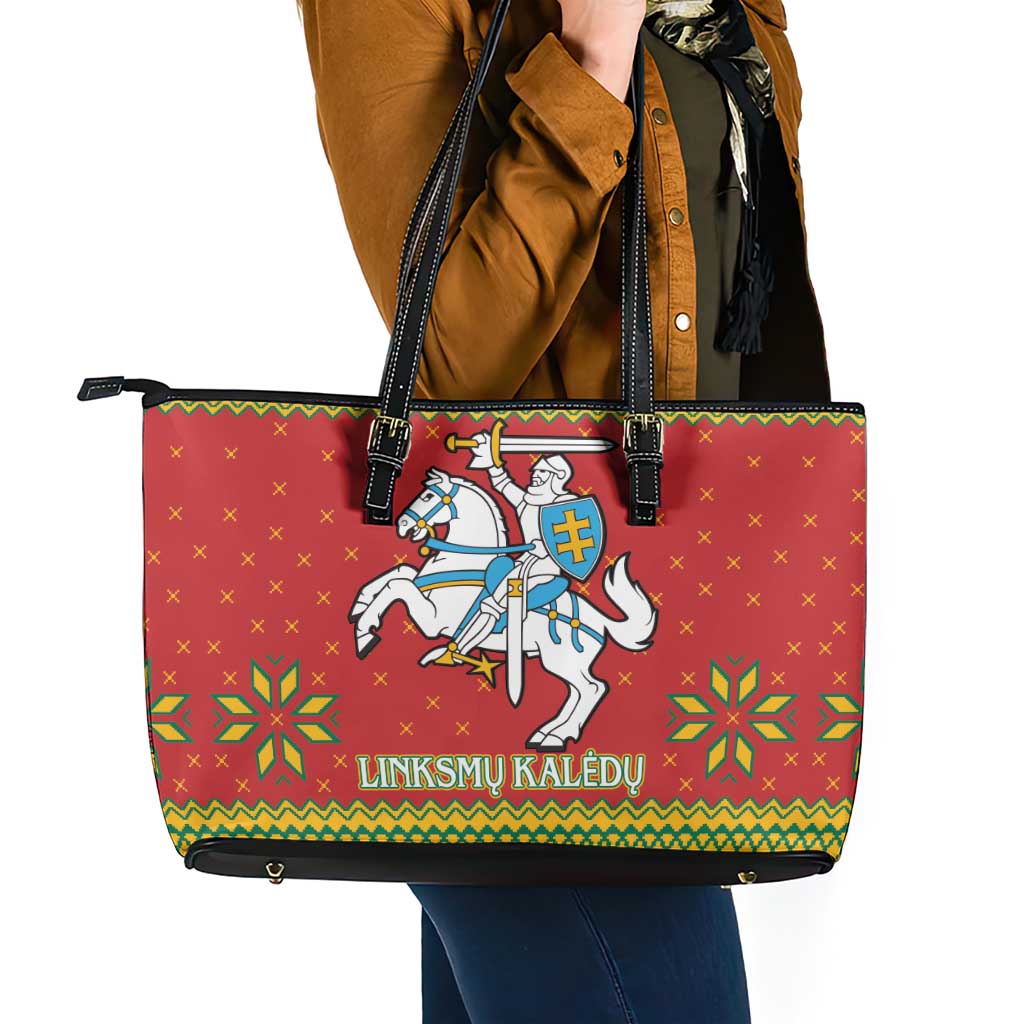 Lithuania Christmas Leather Tote Bag Coat Of Arms Linksmu Kaledu LT15