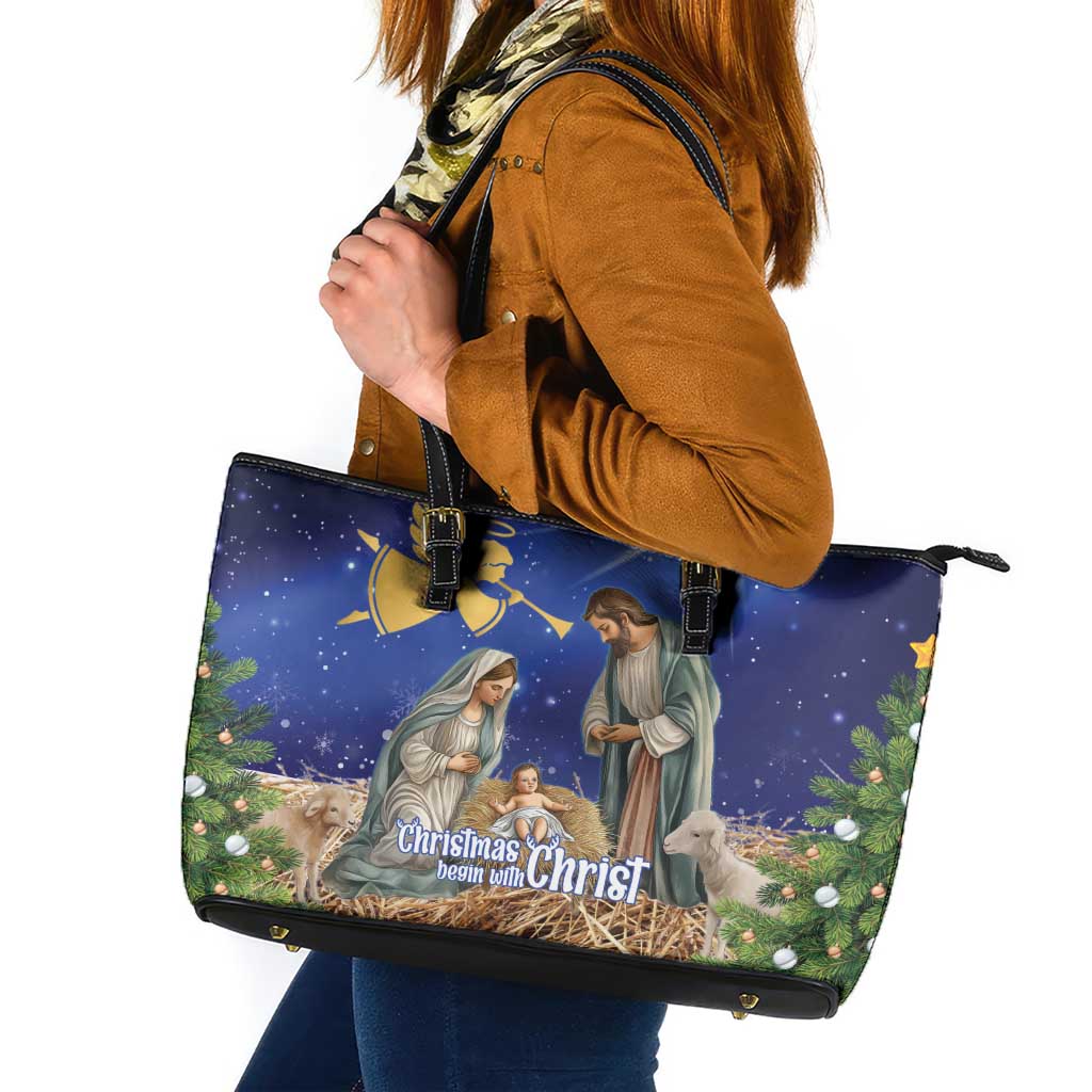 Lithuania Christmas Leather Tote Bag Chistmas Begin With Christ LT15