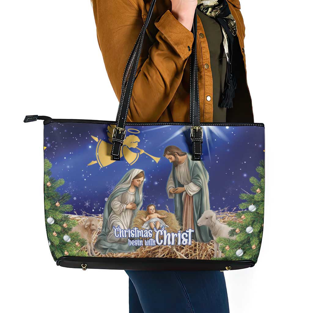 Lithuania Christmas Leather Tote Bag Chistmas Begin With Christ LT15